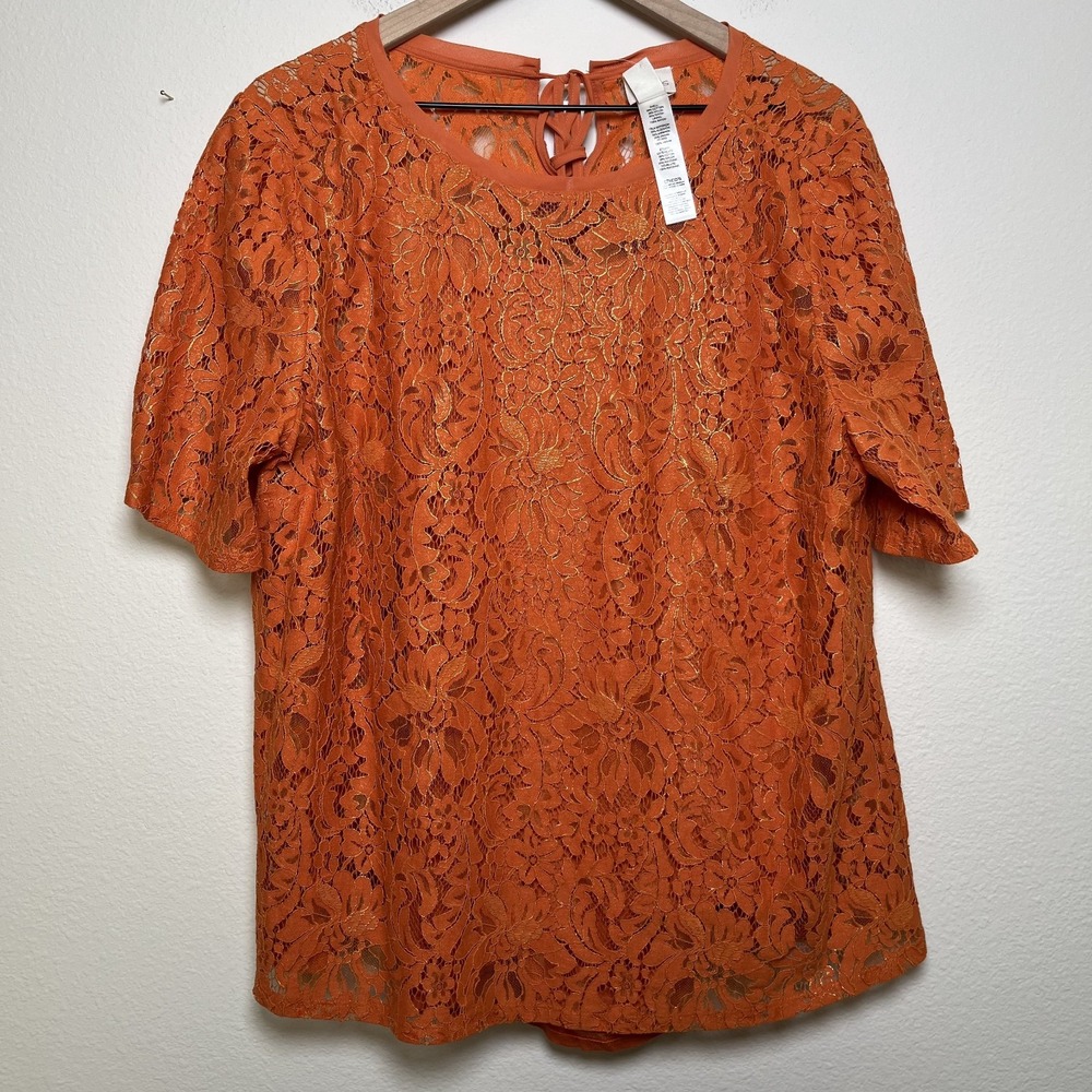NEW Chico's Women Eyelet Top Large Burnout Orange‎ Marmalade Floral Foiled Lace